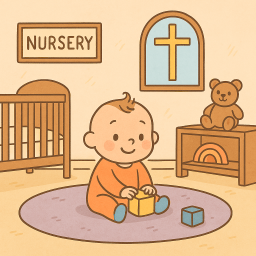 simple colorful nursery illu - sm Illustration of a small child in a church nursery. (AI created.)